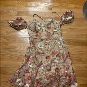 Floral Embroidered Dress with Sheer Sleeves